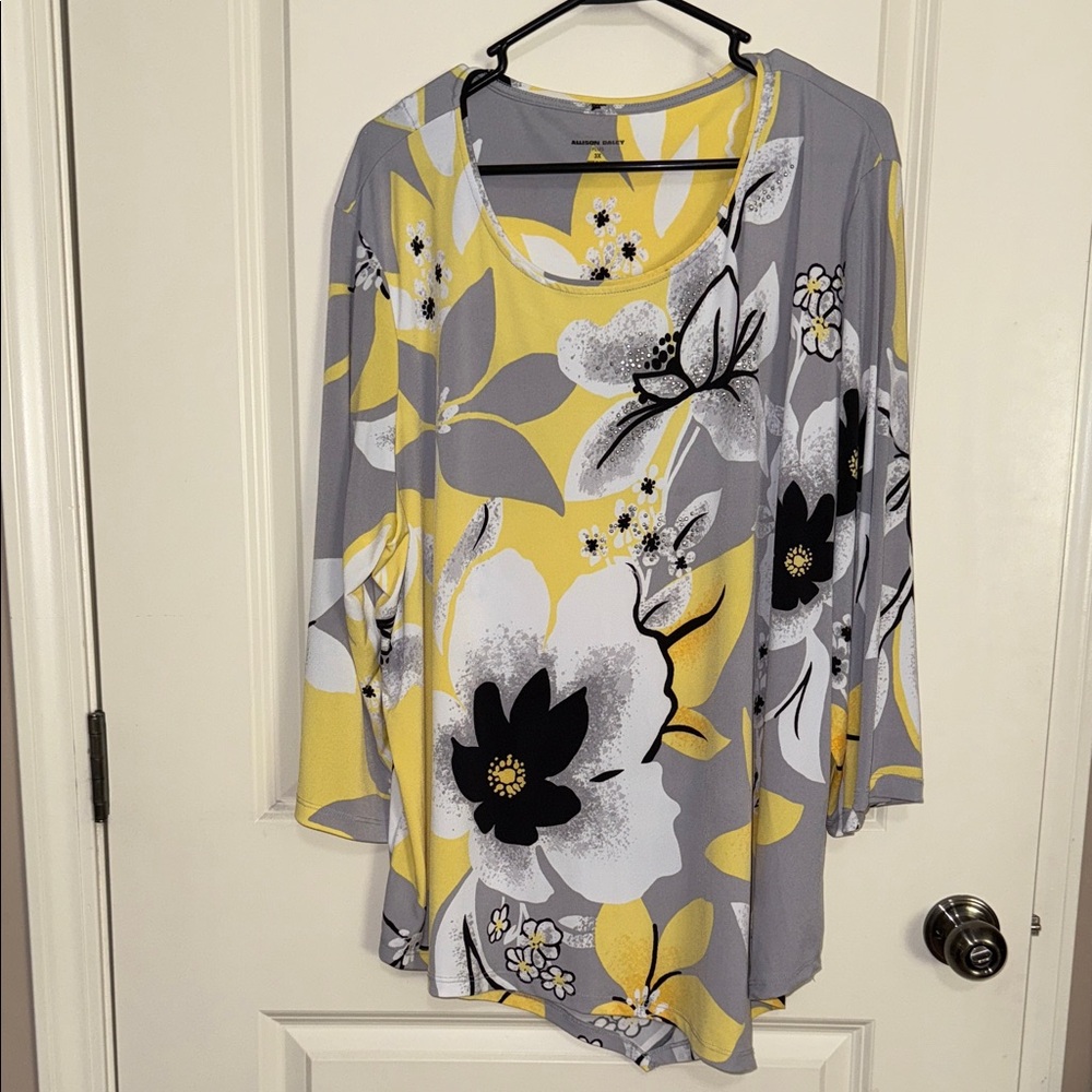 Allison Daley Floral Print Blouse - Gray and Yellow embellished flower front.